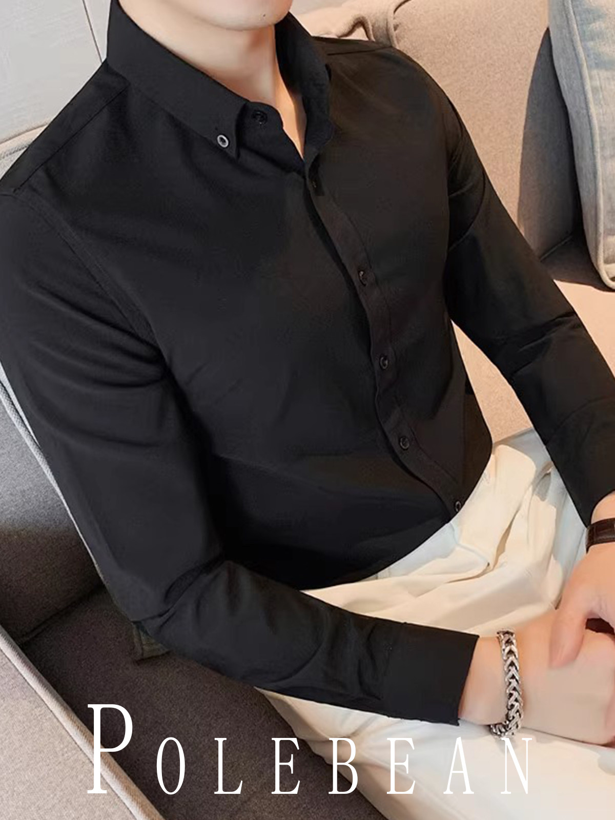New High-End Professional Solid Color Commuter Long-Sleeved Shirt for Men, Versatile Business Casual Inner Wear, Stretchy Men's Shirt