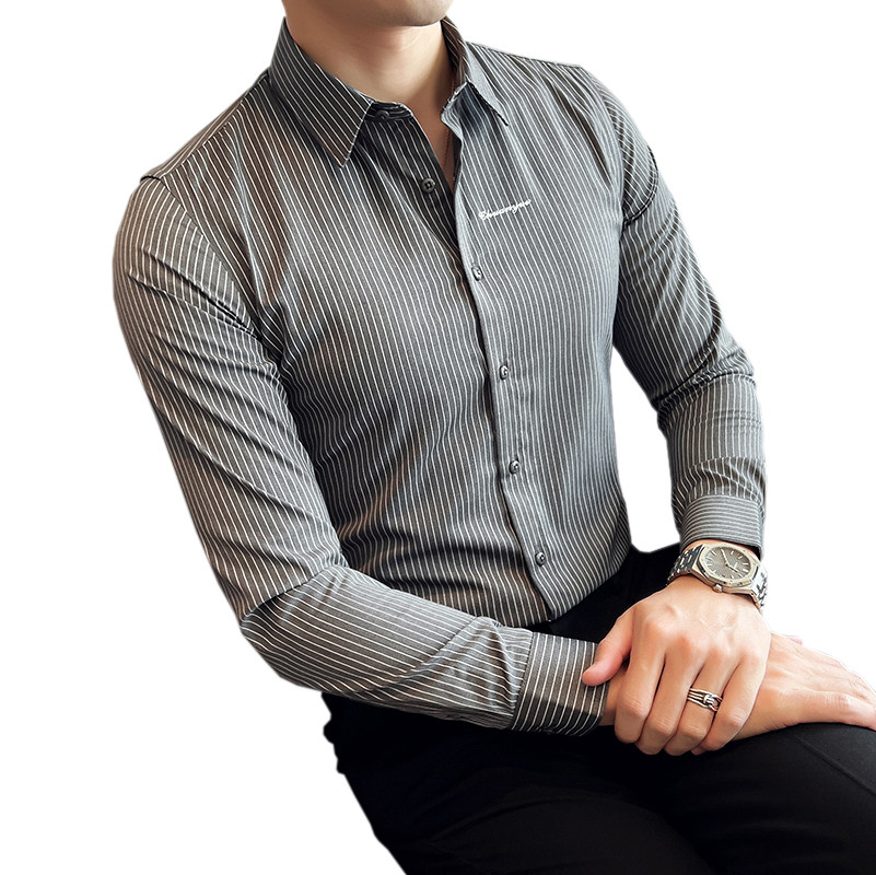 Men's Long-Sleeve Spring and Autumn White Shirt, Business Slim-Fit Professional Formal Embroidered Striped Shirt, Casual Youth Base Layer Trendy