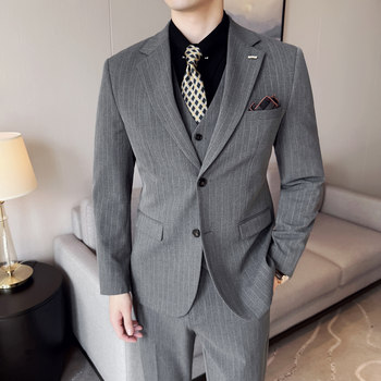 Men's Striped Suit Set, Men's Three-Piece Slim Fit Groom Wedding Suit, Professional Formal Wear, Host Small Suit for Men