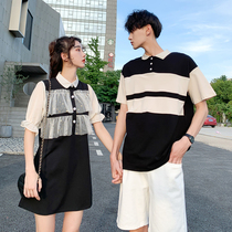 Niche design sense couple dress summer dress New temperament womens jumpsuit Korean version of splicing polo short sleeve t-shirt