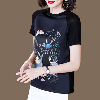 Black silk short-sleeved t-shirt women's 2021 summer new round neck printed mulberry silk stitching loose foreign style top