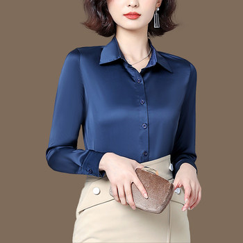 2021 spring new silk shirt women's simple and versatile POLO collar slim long-sleeved Western-style mulberry silk women's top