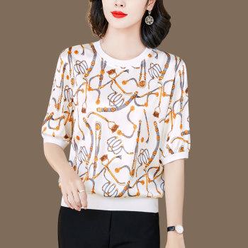 Silk top women's 2021 summer new fashion mom chain print round neck five-point sleeve mulberry silk T-shirt