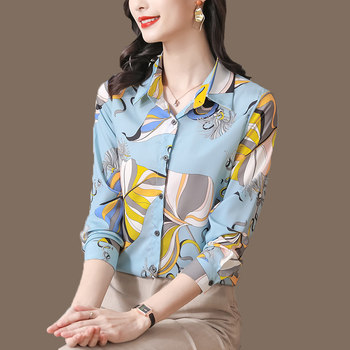 Heavyweight silk shirt women's 2021 autumn new fashion all-match printed mulberry silk slimming high-end Western style long sleeves