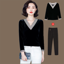 Gold Velvet Blouse Women 2022 Fall New Black V Collar T-shirt Fit 100 Hitch Embroidered Undershirt