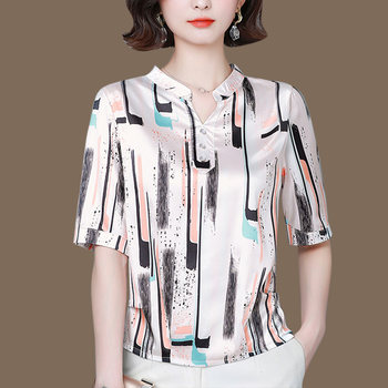 Silk Shirt Women's 2021 Summer New Printed Satin Fashion Large Size Striped Mulberry Silk Small Shirt Shirt