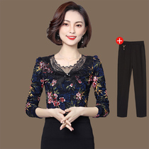 Foreign air V neckline undershirt woman long sleeve autumn winter t-shirt 2022 new 40 40 year-50 50 Mom web yarn plus suede slim-shirt