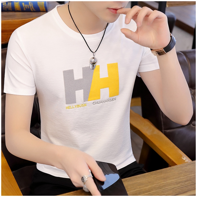 Brand pure cotton men short sleeve T-shirt Summer slim fit trend round collar half sleeve blouse boy printed T-shirt