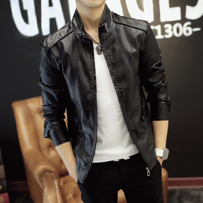 Famous leather leather men's spring and autumn new Korean slim fashion leather jacket men's handsome motorcycle stand-up collar jacket