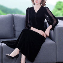 Long sleeve gold velvet dress with dress middle-aged Mom Spring paragraph 2022 new womens clothing high-end temperament to be slimmer and thinner