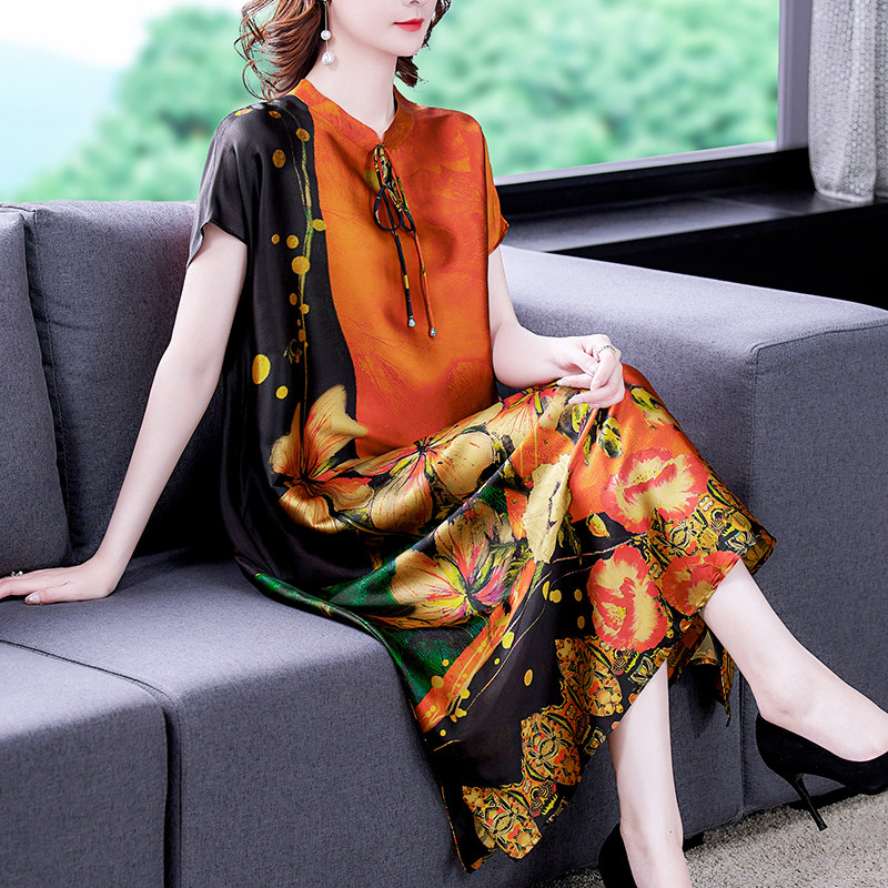 Middle aged mother true silk dress with summer clothes high-end foreign pie young temperament big size women's clothing mulberry silk dresses big cards
