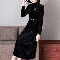 Gold Velvet Dress Noble Lady Foreign Air 2022 Spring Dress New Womens High-end Accessories Hitch Bottom Skirt