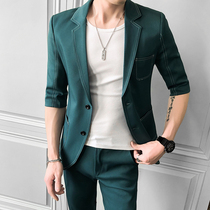 Ink Green 70% Sleeves Small Suit Mens Body Short Sleeves Jacket Summer Thin style Casual Yuppie Handsome Suit two sets of damp