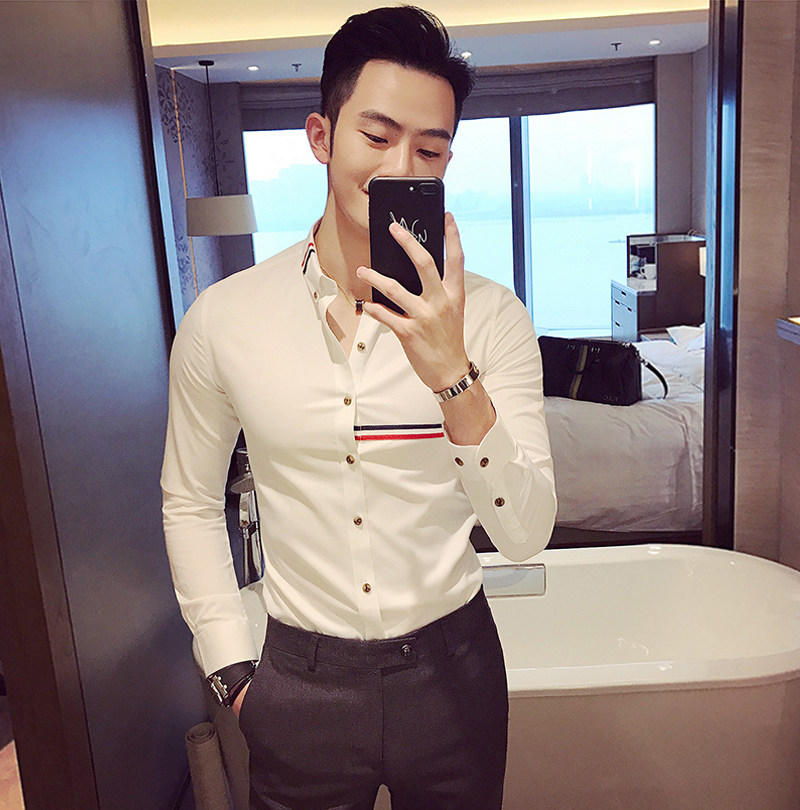 Colorful strips decorated white shirt men's long sleeves spring and summer 2022 for a small frescoed inch of the men's casual yuppies