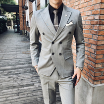 Korean version double-row buttoned with small suit jacket male groom wedding gown uppie handsome retro casual Western suit Suit Tide
