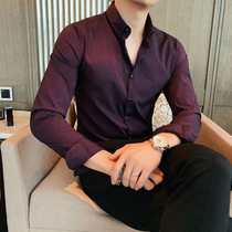 South Korea dark striped wine red slim shirt male long sleeve Net red light luxury suit bottom hanging slippery inch clothes tide