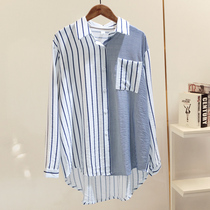 2022 springtime Korea Tibetan turquoise vertical striped cotton linen shirt female Han Fan Art and art loose collared shirt blouses