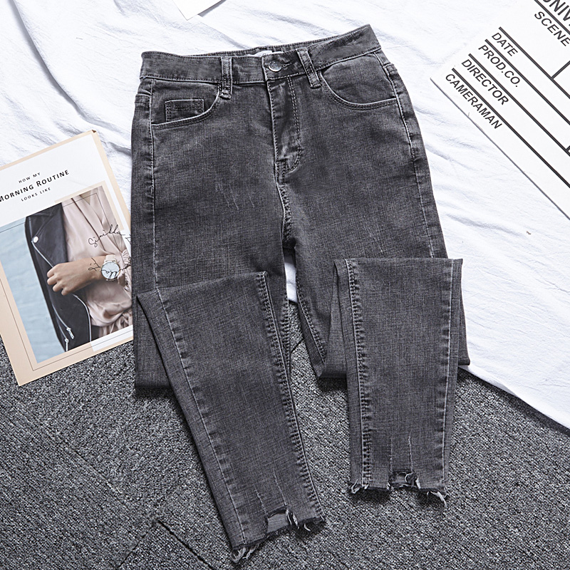 New foreign School smoke gray hole jeans female 2021 spring slim slim small feet elastic tight nine Cat Claw