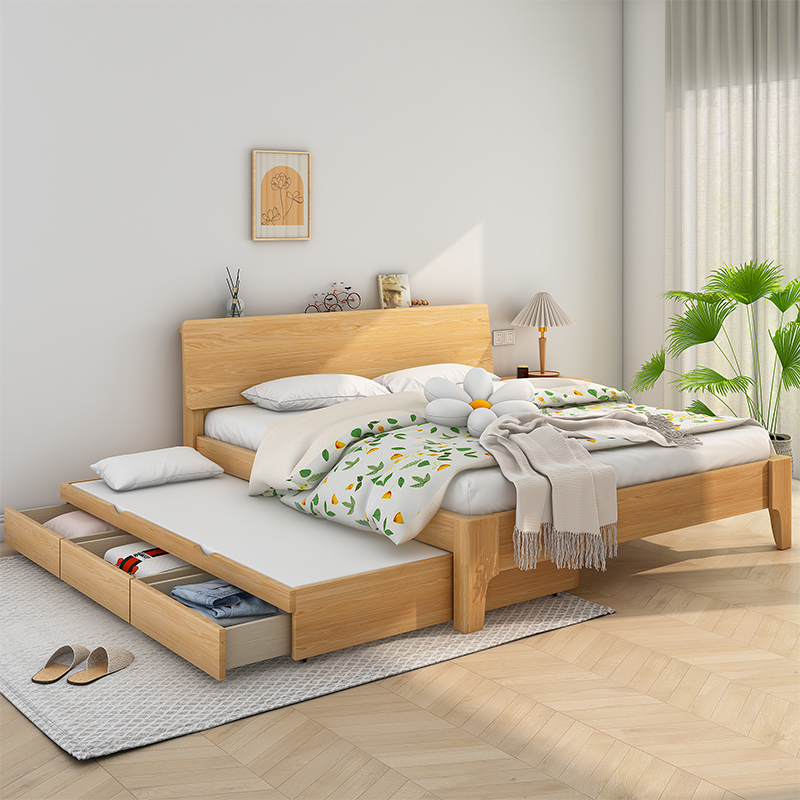 Solid Wood Bed Double Bed 1.8m Beech Wood 1.5 Children's Bunk Bed Pull-Out Furniture Drawer Bed Pull-Out Bed