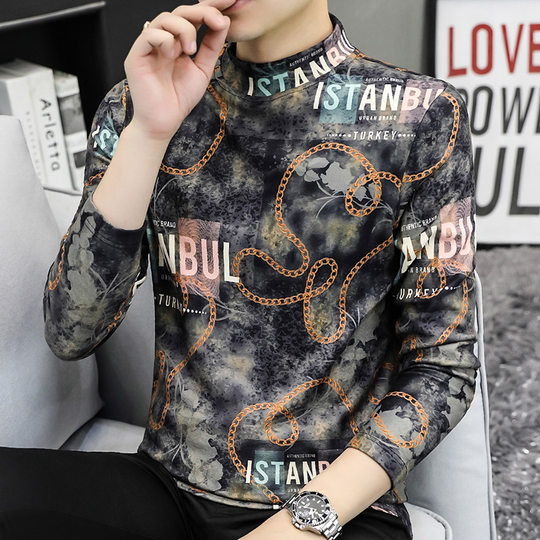 Long-Sleeve T-Shirt for Men, Trendy Ins Style, Inner Layer Autumn Clothing, Korean Version, German Velvet, Half-High Collar Top, Autumn Men's Base Shirt