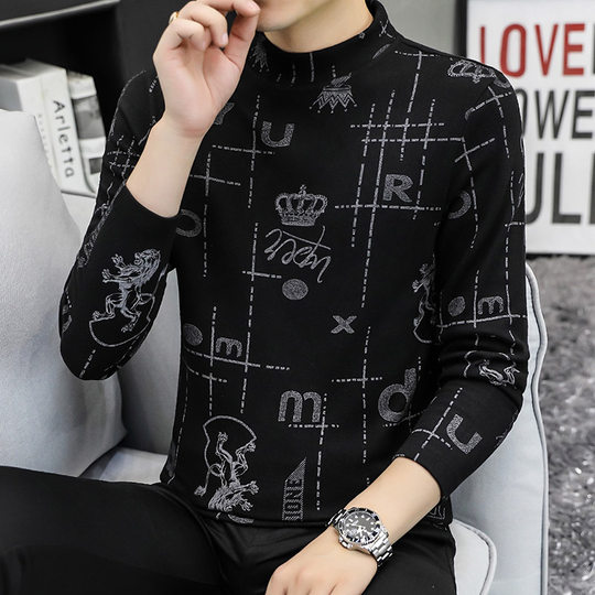 Long-Sleeve T-Shirt for Men, Trendy Ins Style, Inner Layer Autumn Clothing, Korean Version, German Velvet, Half-High Collar Top, Autumn Men's Base Shirt