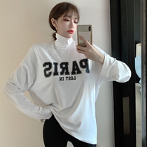 High-necked bottoming shirt womens 2022 autumn and winter new loose plus velvet thick pullover Korean letter print long-sleeved T-shirt