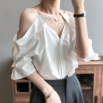 fening maje shirt female V-collar shoulder strap French off-the-shoulder sexy Joker temperament foreign coat autumn