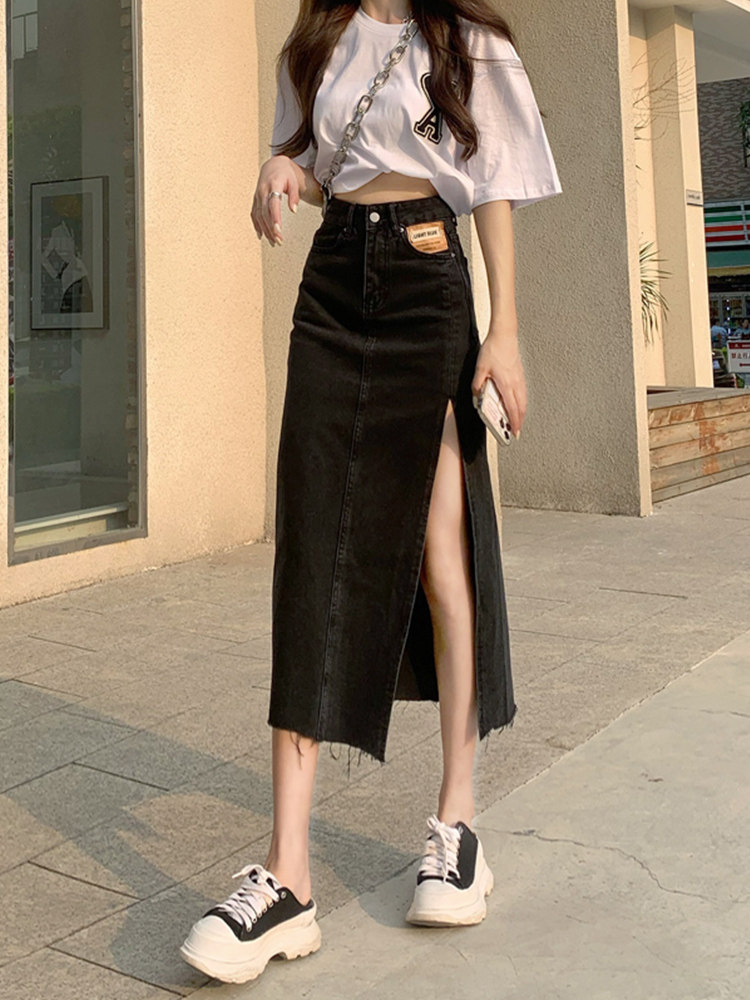 High waist open fork Cowboy half body dress Women Summer 2022 new black Slim Fit a long version of the dress