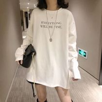 White T-shirt womens 2022 spring and autumn new Korean version loose mid-length printed bottoming shirt with long-sleeved top