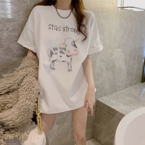 Cartoon T-shirt womens 2022 summer new Korean version of cow beading heavy industry short-sleeved bottoming shirt large size top trend
