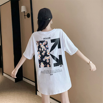 White T-shirt female Korean version 2022 Summer new arrowhead printed small daisy pure cotton loose with long short sleeves
