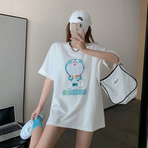 Cartoon Doraemon A dream printed short sleeve T-shirt Womens autumn new pure cotton loose round collar with long tunes of blouses