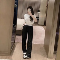 Black casual pants woman 2022 Spring summer new Korean version letter webbing with high waist and wide leg pants straight drum suit long pants
