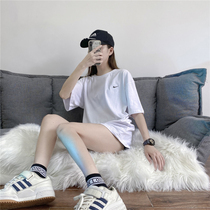 White Sports T-shirt Woman 2022 Summer New section Missing Round Collar Pure Cotton Loose Casual Couple short sleeves