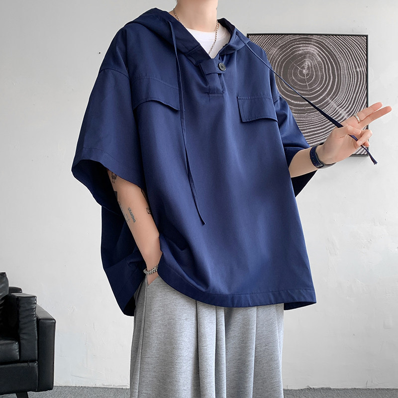 Navy Blue Workwear Hooded T-Shirt Men's Summer Preppy Style Short-Sleeved Sweatshirt Youth Polo Shirt Quick-Drying Jacket