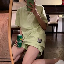 Pure cotton green casual sports suit female summer short sleeve shorts outside wearing fashion foreign air thin and small sub running suit