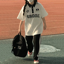 College Wind polo shirt sports suit female summer student Han version short sleeve long pants loose fashion foreign gas two sets of damp