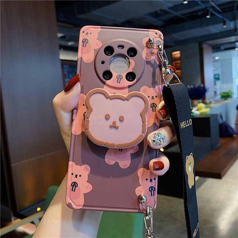 For Huawei Mate40 Cell Phone Case Cute Bear Crossbody Mate30 With Bracket Silicone Shatterproof Red Woman