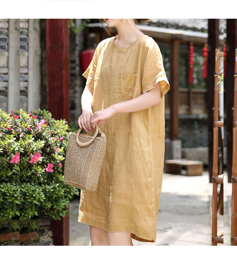 Retro văn học rắn màu lanh dài áo dài nữ mùa hè lỏng lẻo tay ngắn Hàn Quốc - Váy dài váy maxi trắng