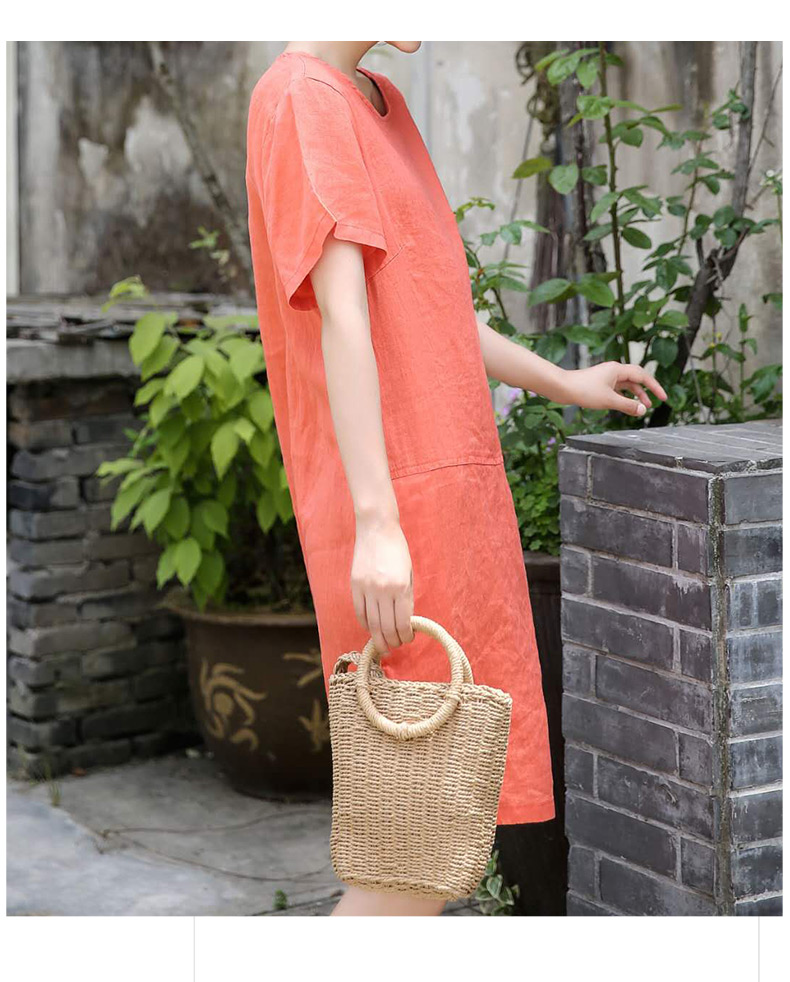 Retro văn học rắn màu lanh dài áo dài nữ mùa hè lỏng lẻo tay ngắn Hàn Quốc - Váy dài váy maxi trắng