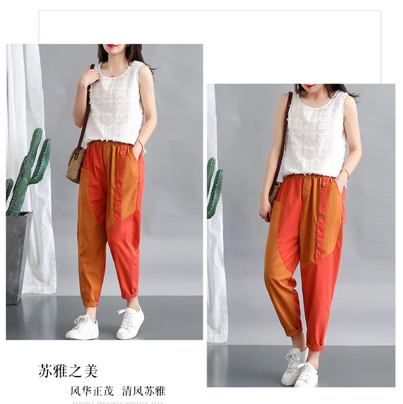 Quần cotton và vải lanh nữ quần chín điểm văn học mùa hè kích thước lớn quần rộng màu xanh lá cây quần thường quần cao eo thắt lưng quần harem - Quần Harem