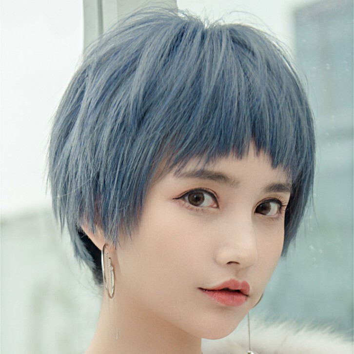 Wig for Women 2021 Internet Celebrity Cosplay Haze Blue Black Round Face Bald Handsome Short Straight Natural Girl Full Wig