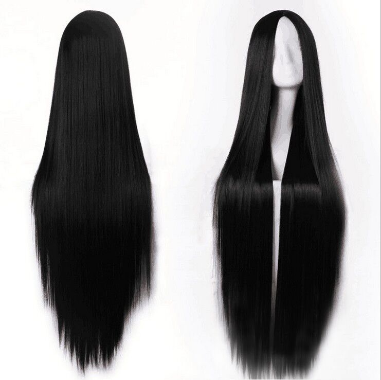 Face-Framing and Waist-Length Hair Set, Fashionable Cosplay Wig, Black Long Straight Hair, Middle Part, Ancient Costume Anime, Realistic for Both Men and Women