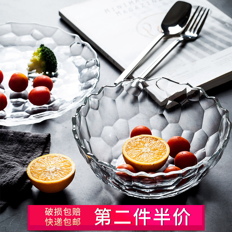 Creative glass salad bowl Transparent thickened dessert bowl Household simple fruit plate Crystal bowl dried fruit bowl