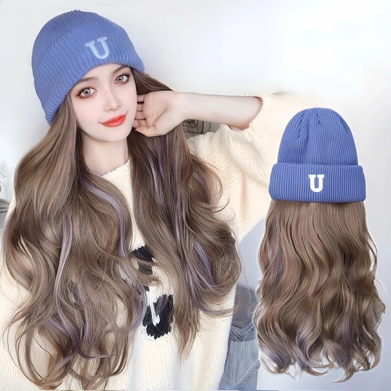 Wig and Hat in One, Non-Detachable, 2025 New Style Knitted Hat, Chemotherapy Hat, Autumn and Winter Highlights Long Curly Hair Knit Hat