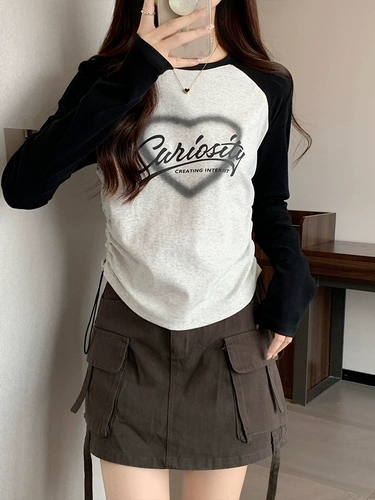 Лонгслив, осенняя демисезонная футболка, приталенный флисовый корсет, круглый воротник, на шнурках