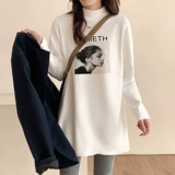 Бархатный приятный телу осенний флисовый лонгслив, белая футболка, длинная толстовка, высокий воротник, в западном стиле, средней длины