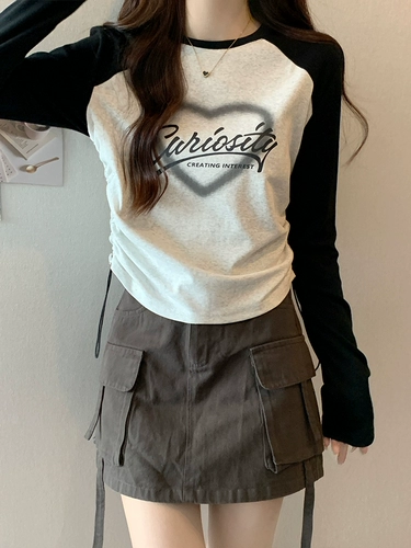 Лонгслив, осенняя демисезонная футболка, приталенный флисовый корсет, круглый воротник, на шнурках