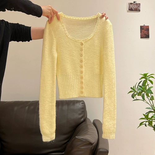 Желтый кружевной трикотажный летний кардиган, в стиле Шанель, кружевное платье