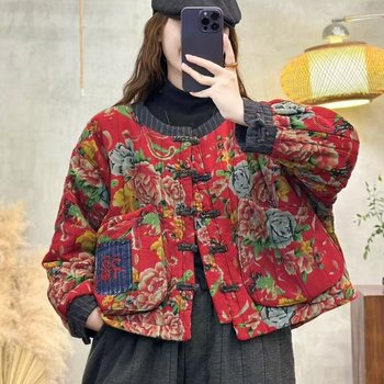 2025 Autumn/Winter Korean Style Loose Retro Round-Neck Buttoned Large Pocket Padded Jacket Versatile Warm Cotton Coat for Women